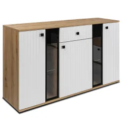 Komoda Salsa Lamel biała dąb artisan 140x80 cm LED