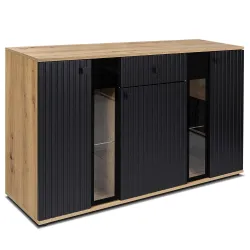 Komoda Salsa Lamel czarna dąb artisan 140x80 cm LED