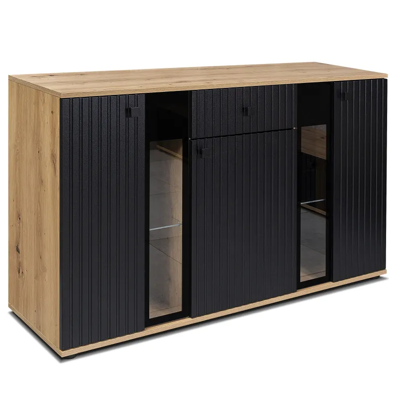 Komoda Salsa Lamel czarna dąb artisan 140x80 cm LED
