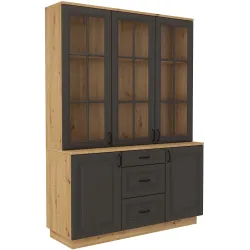Kredens Flawia 150 2D3S + witryna 150 3D GRAR grafit-dąb artisan 50x150cm
