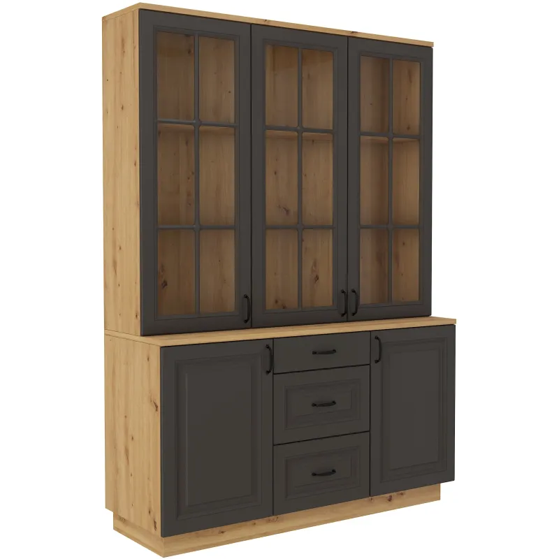 Kredens Flawia 150 2D3S + witryna 150 3D GRAR grafit-dąb artisan 50x150cm