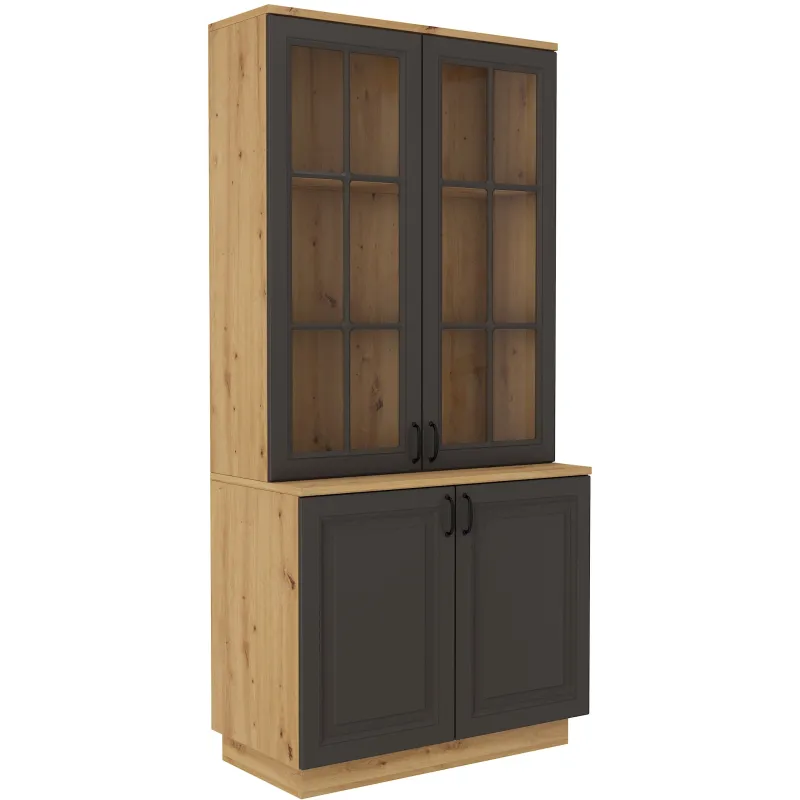 Kredens Flawia 100 2D + witryna 100 2D GRAR grafit-dąb artisan 50x100cm